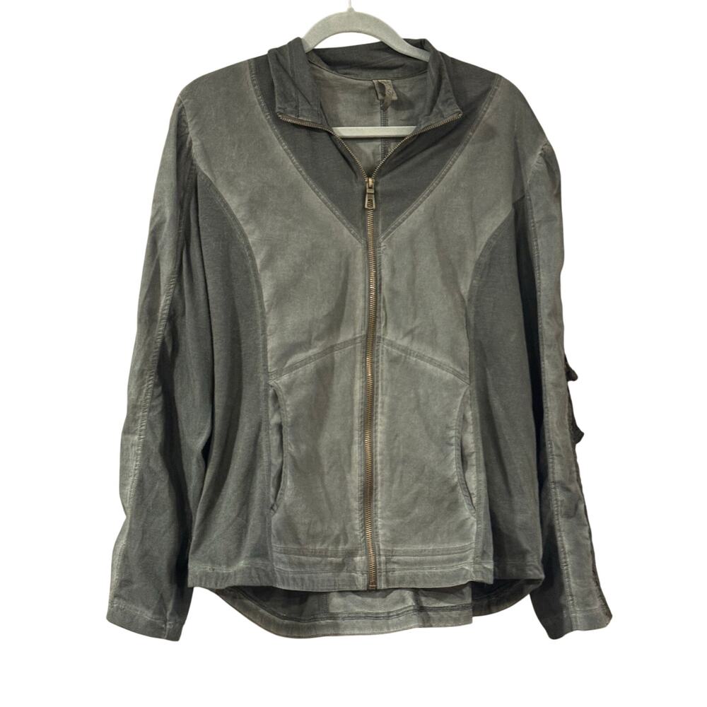 XCVI Gray Zip Front Utility Jacket Size XL Cotton Lyocell Stretch Ruched Back